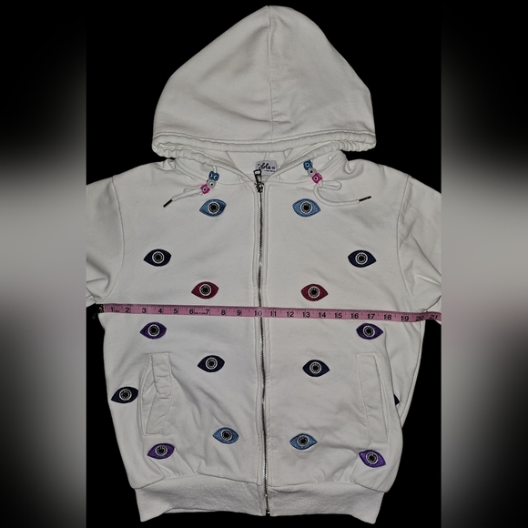 Lola + The Boys Evil Eye Hoodie Womens White Beaded Embroidered Zip Sz M - Picture 9 of 16